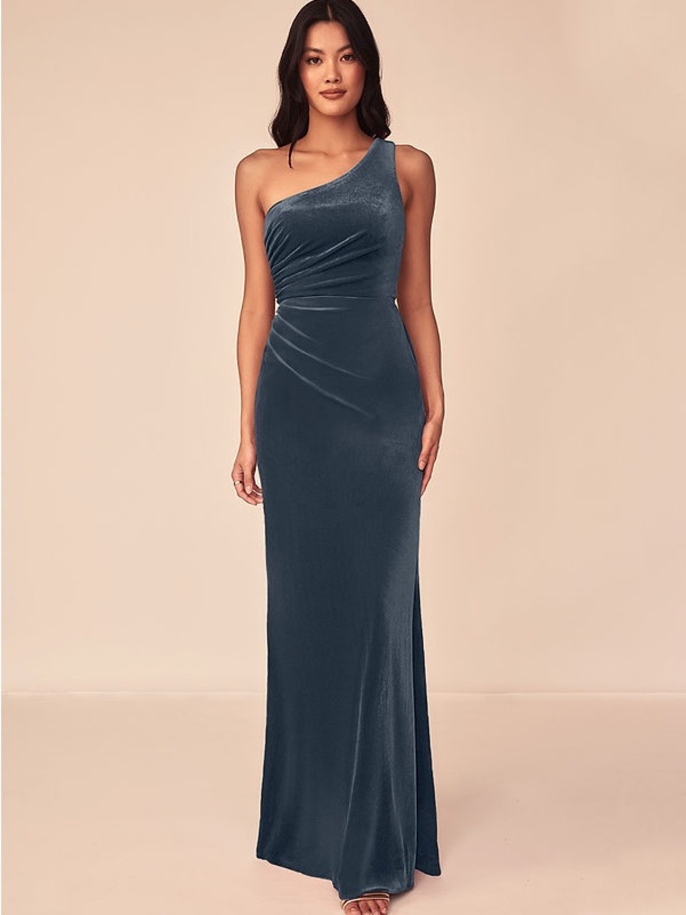 Azazie One-Shoulder Dusky Blue Velvet Gown